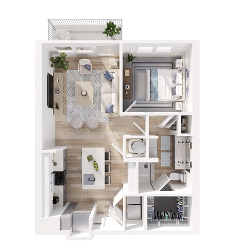 A top-down view of a small, well-organized apartment with a kitchen, living room, and bathroom.